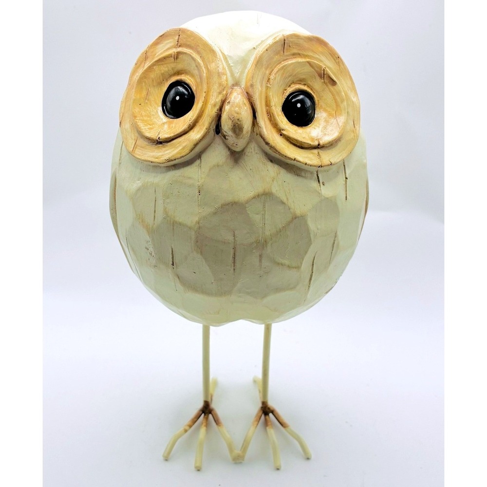 Owl Figurine 8.5" Cream Rustic Faux Wood Resin Metal Legs Decor